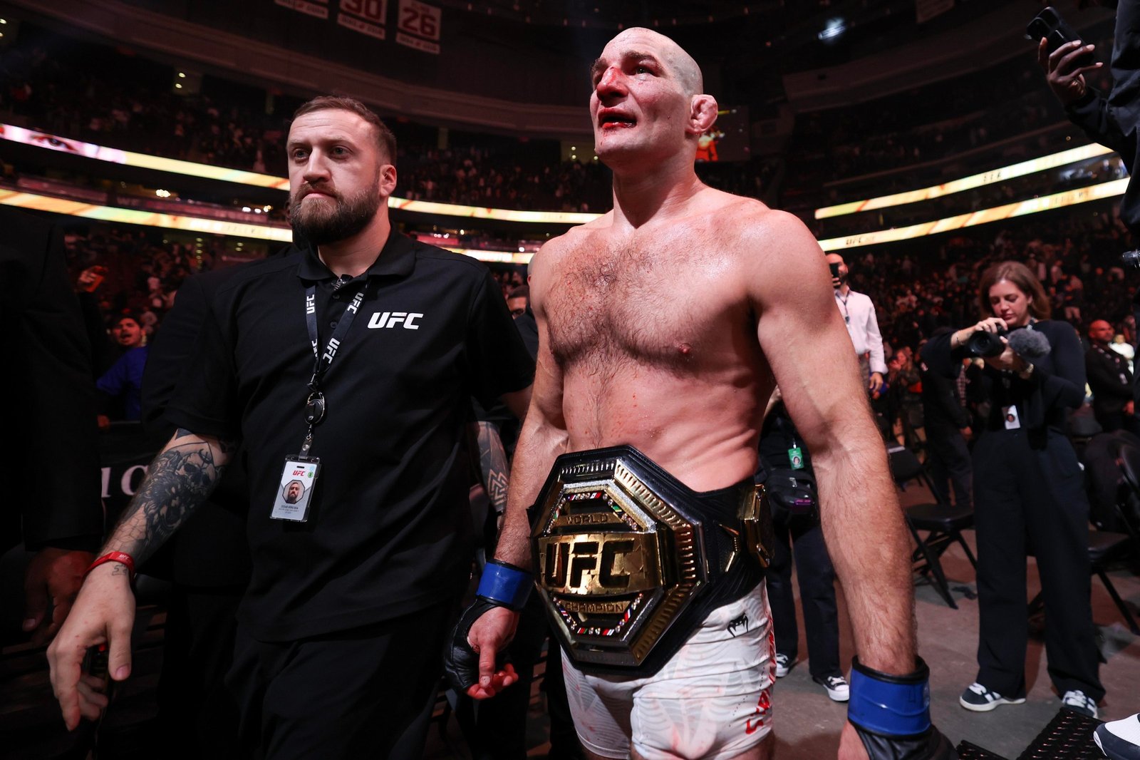 NEWARK, NEW JERSEY - MAY 09: Sean Strickland of the United States exits the ring after his victory via split decision over Khamzat Chimaev of the United Arab Emirates ,not pictured, in a middleweight title bout during UFC 328 at the Prudential Center on May 09, 2026 in Newark, New Jersey. (Photo by Ishika Samant/Getty Images)