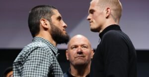 Ian Machado Garry towers over Islam Makhachev at pre-fight press conference face-off