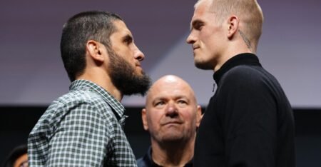 Ian Machado Garry towers over Islam Makhachev at pre-fight press conference face-off
