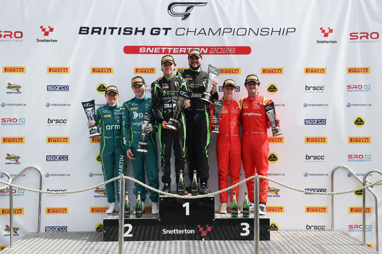 Hawkins (l) and Orton have now grabbed the GT4 points lead from Simpson and Holland (c)