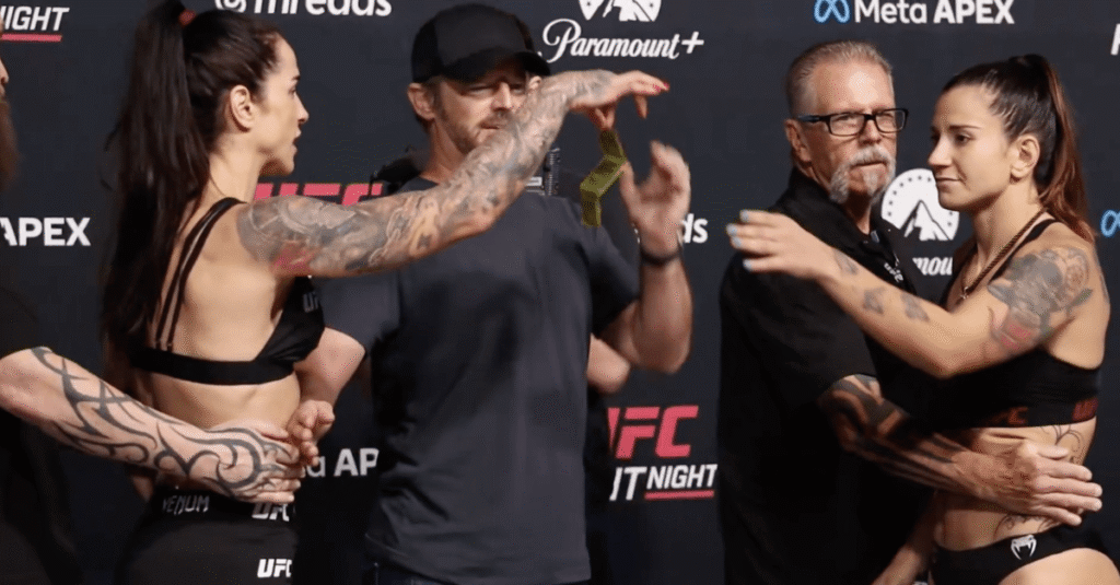 Video: Norma Dumont throws condoms, money at Ailin Perez during UFC Vegas 121 faceoff