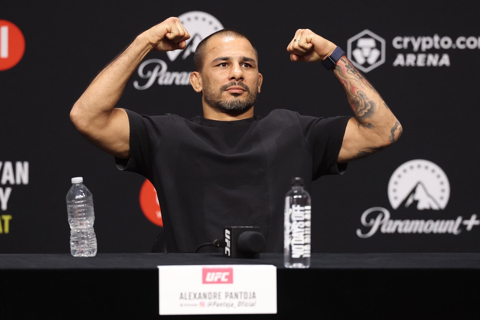PHILADELPHIA, PENNSYLVANIA - AUGUST 14: Alexandre Pantoja of Brazil is seen on stage during the UFC 331 press conference at Xfinity Mobile Arena on August 14, 2026 in Philadelphia, Pennsylvania. (Photo by Ed Mulholland/Zuffa LLC)