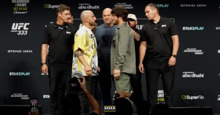 Video: Alexander Volkanovski and Movsar Evloev face off for the first time at UFC 333 press conference